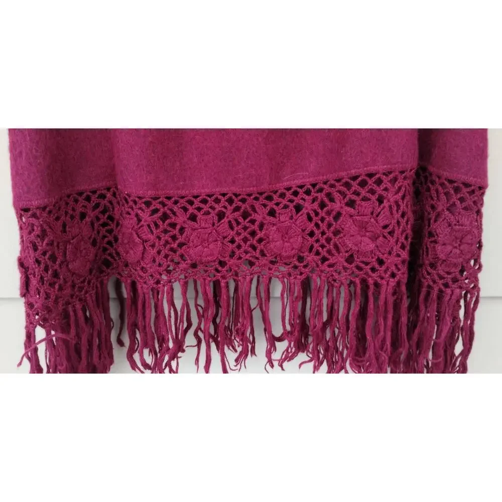 Alpaca Peru Diana Poncho Cloak Cape Crochet Fringe Brushed Rustic Burgundy O/S